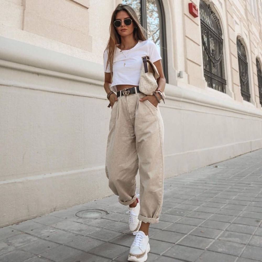 Topshop slouchy greenish cream pleated jeans/pants - Picture 3 of 6